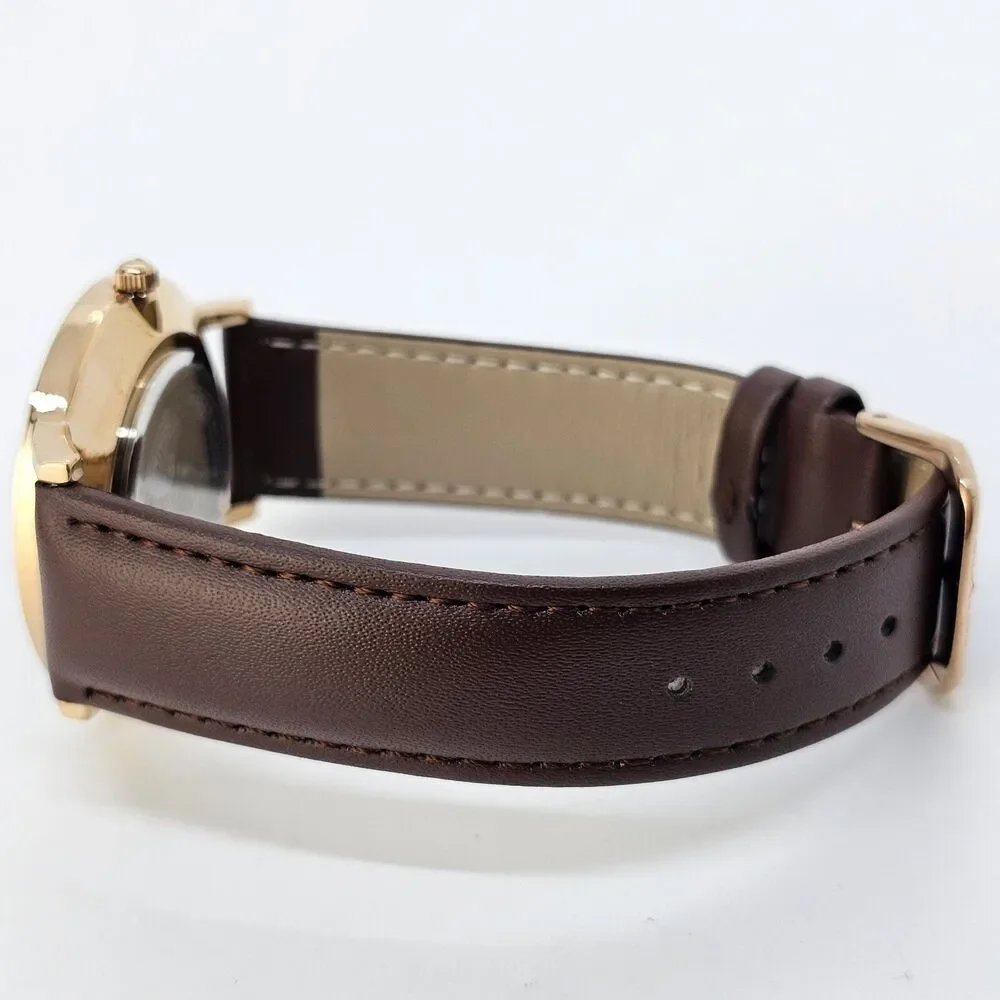 Men's Watch 40MM‎ Gold Case Blue Dial Brown Leather Band Straps Date Indicator